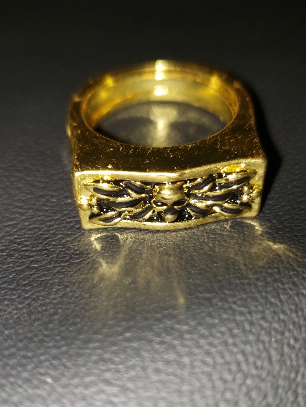 Gold-tone Rectangular Signet Ring with Black Detailing